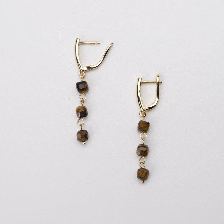 Серьги висячие с натуральным тигровым глазом «Кубики» (Золото)