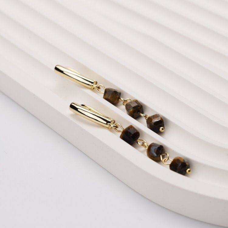 Серьги висячие с натуральным тигровым глазом «Кубики» (Золото)