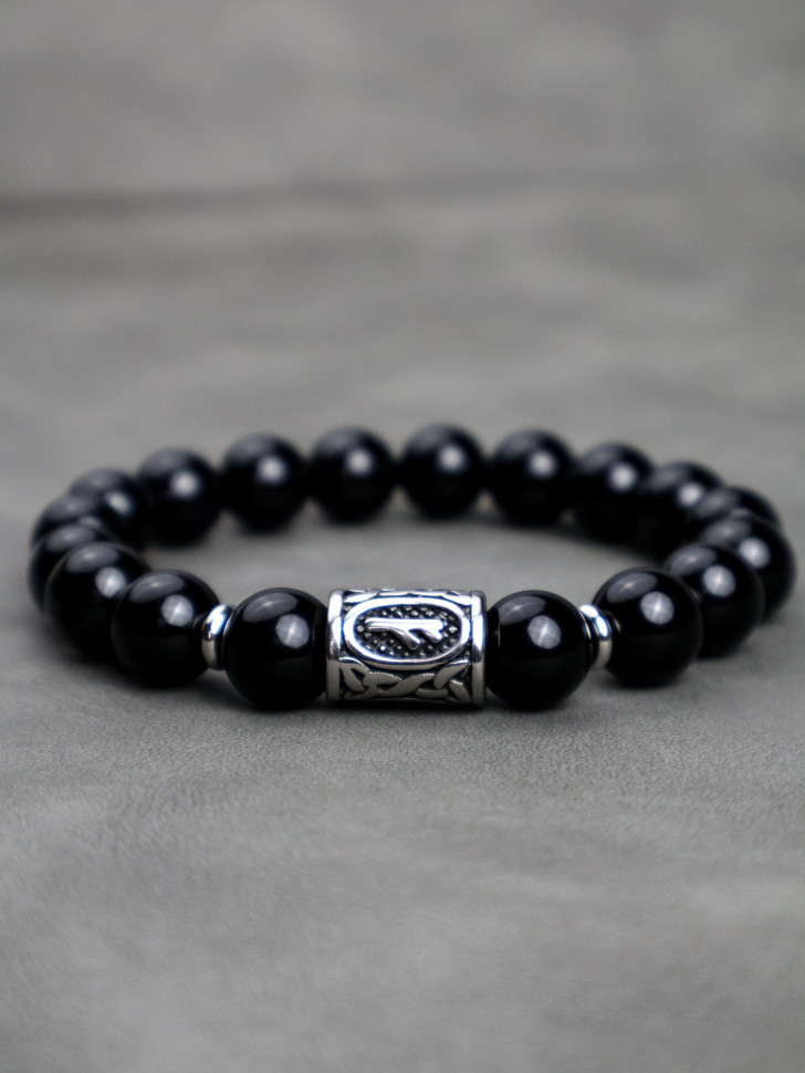 Браслет черный агат и руна Феху