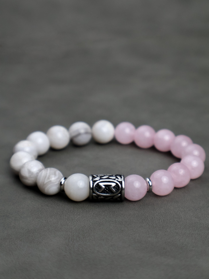 Браслет белый агат и розовый кварц руна Перт