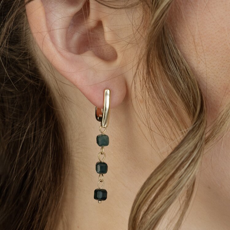 Серьги висячие с индийской изумрудной яшмы «Кубики» (Золото)