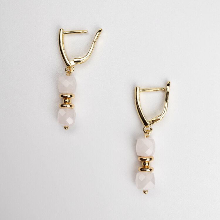 Серьги висячие с натуральным розовым кварцем «Кубики» (Золото)